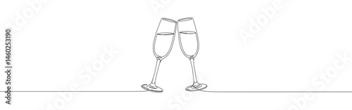 Two clinking champagne glasses continuous one line drawing. Design for party, anniversary celebration, new year festival.