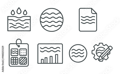Line style icons of skin texture: skin surface icon, texture pattern badge, detailed design tag, custom texture file, fabric choice board, texture preview chart, surface effect bubble, texture