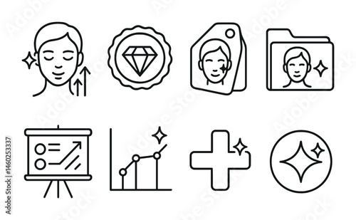Line style icons of skin upgrades: upgraded skin icon, premium badge, enhanced appearance tag, skin level file, upgrade options board, skin improvement chart, special skin bubble, exclusive feature