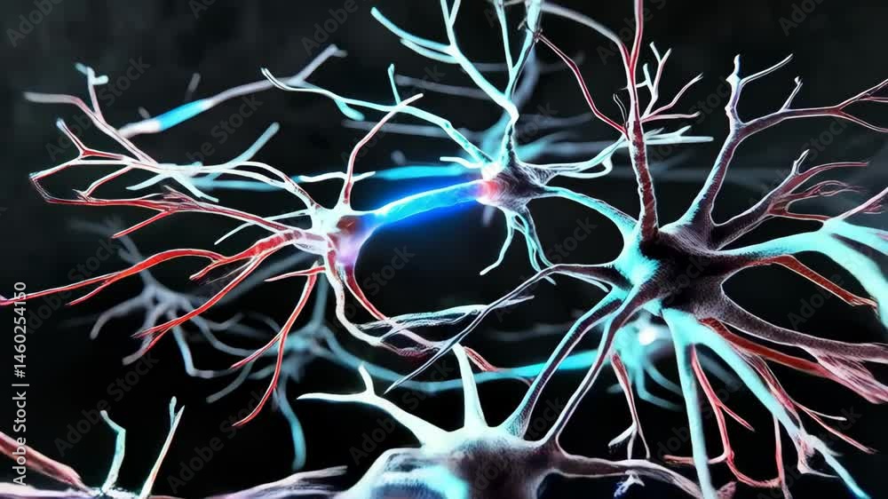Close-up 3D render of a neuron transmitting signals with bright blue energy and a flash of inflammation at the synapse.
