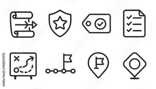 Line style icons of quest stages: quest start icon, intermediate stage badge, quest completion tag, task list file, journey board, mission timeline chart, checkpoint bubble, quest milestone symbol.