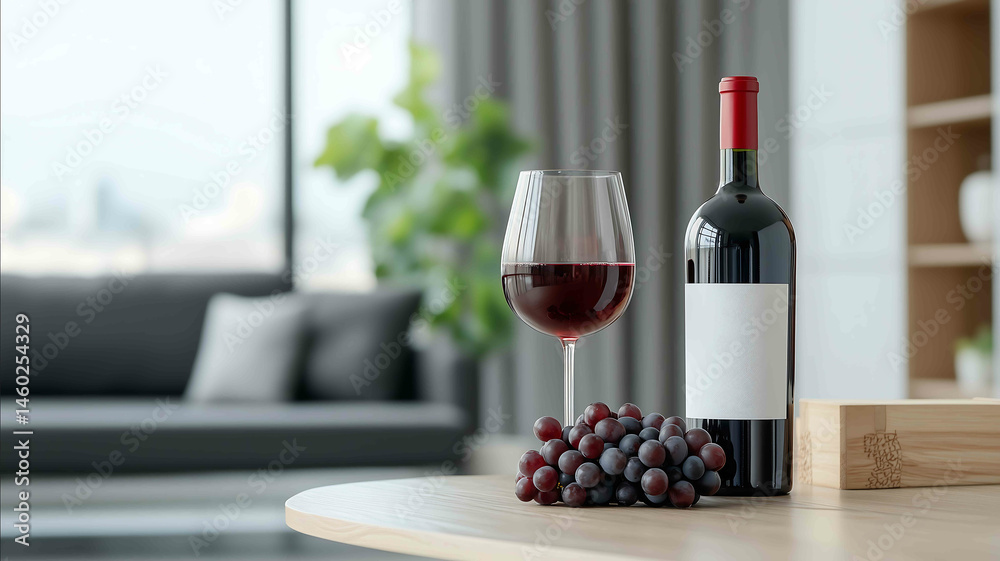 a red glass and black leather next to it is an open bottle of deep dark burgundycolored wine with grapes around it on a wooden table in a modern home setting
