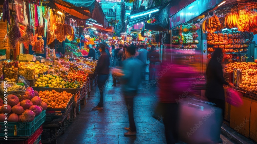 Obraz premium Busy market alleyway filled with vibrant colors and people.