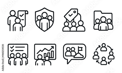 Line style icons of cooperative quests: team quest icon, group mission badge, multiplayer task tag, party quest file, shared objectives board, team progress chart, group challenge bubble, cooperative