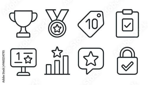 Line style icons of game achievements: trophy icon, medal badge, points tag, completed mission file, top scorer board, reward chart, accomplishment bubble, achievement unlocked symbol.