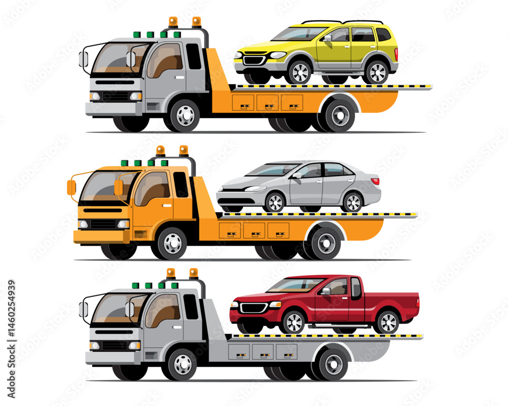 Naklejka premium Tow Trucks with Cars Vector Illustration