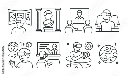 Line style icons of VR: VR gallery, virtual museum, VR conference room, VR theater seats, immersive education scene, virtual classroom, VR gaming arena, simulated planet.