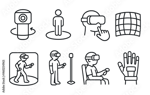 Line style icons of VR: 360-degree camera, teleport point, VR pointer, VR map grid, room-scale VR, standing VR setup, seated VR experience, haptic feedback gloves.