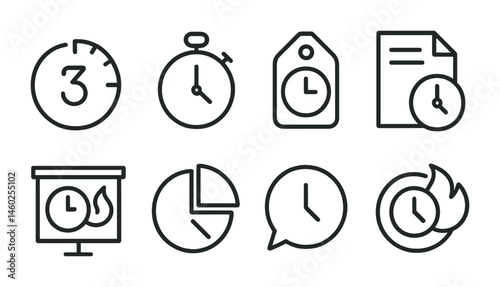 Line style icons of quest time limits: countdown icon, timer badge, deadline tag, task duration file, time challenge board, clock chart, countdown bubble, urgent quest symbol.