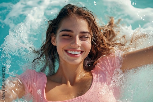 Happy stress-free trip getaway creative. Bright Ñommercial style. Stunning and hot happy middle eastern young woman in pink tight t-shirt enjoying turquoise sea, splashes around her.
