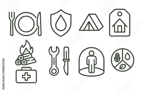Line style icons of survival elements: food icon, water badge, shelter tag, firewood file, survival kit board, tool set chart, protective bubble, survival resource symbol.