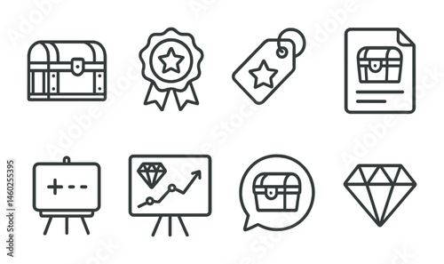 Line style icons of quest rewards and bonuses: rare loot icon, special prize badge, exclusive reward tag, bonus treasure file, extra points board, rare find chart, bonus loot bubble, exceptional