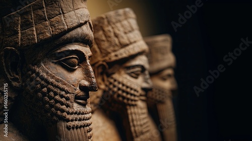 Ancient Mesopotamian statues in detail against a black background  