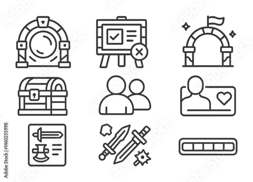 Line style icons of metaverse: game portal, quest board, challenge gate, treasure chest reward, multiplayer icon, avatar health bar, weapon menu, experience bar.