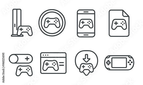 Line style icons of gaming platforms: console icon, PC gaming badge, mobile game tag, gaming app file, platform switchboard, gaming interface chart, game download bubble, gaming system symbol.