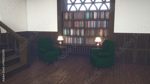 Cozy home study room featuring tall wooden bookshelves, soft ambient lighting from table lamps and plush green armchairs, creating warm and inviting reading environment, 3D rendering