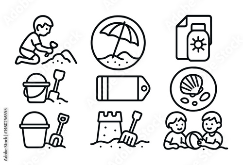 Line style icons of beach activities: sand digging icon, beach umbrella badge, towel tag, sunscreen file, beach bucket board, sand toy chart, shell collecting bubble, beach fun symbol.