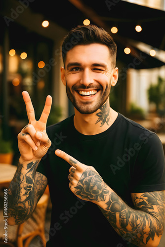 Confident gen z tattooed businessman smiling, gesturing, holding peace sign, alternative male model, fashion and lifestyle