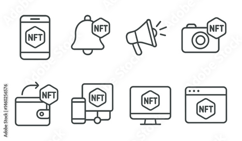 Line style icons of NFT: NFT mobile app, NFT notification bell, push alert icon, NFT scan camera, NFT wallet sync, cross-platform NFT, NFT desktop app, NFT browser tab.