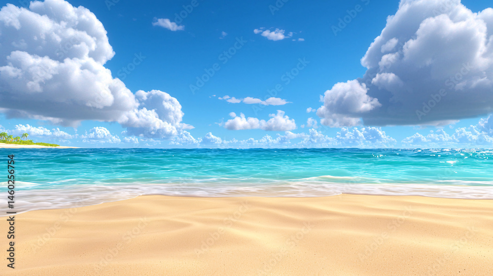 Fototapeta premium Cartoon beach scene shows bright sand meeting the turquoise ocean under a clear blue sky with fluffy clouds.