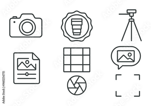 Line style icons of photography: camera icon, lens badge, tripod tag, photo editing file, shot composition board, shutter chart, photograph bubble, capture symbol.