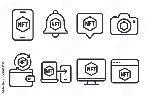 Line style icons of NFT: NFT mobile app, NFT notification bell, push alert icon, NFT scan camera, NFT wallet sync, cross-platform NFT, NFT desktop app, NFT browser tab.