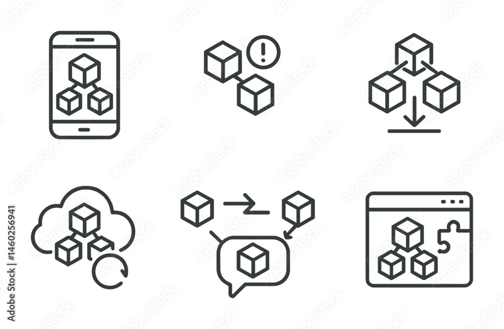 Line style icons of blockchain: mobile blockchain app, blockchain notification, blockchain update icon, blockchain download icon, blockchain cloud sync, cross-chain transfer, blockchain messenger, Line style icons of blockchain: mobile blockchain app, blockchain notification, blockchain update icon, blockchain download icon, blockchain cloud sync, cross-chain transfer, blockchain messenger,