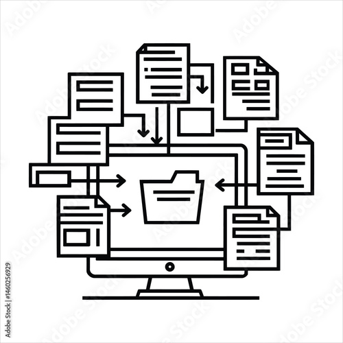 Advanced Document Organization Icon – Folder with Multiple Files on Monitor
