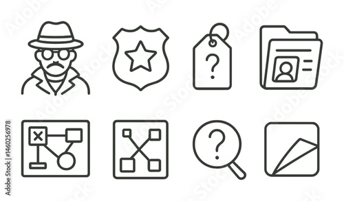 Line style icons of quest clues: detective icon, mystery badge, hidden clue tag, investigation file, evidence board, clue chart, clue search bubble, uncover symbol.