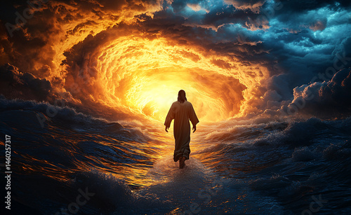 Rear view of spiritual figure walking on stormy water towards a bright heavenly light in the clouds.