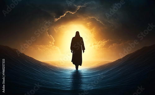 A dark silhouette figure walks on calm water towards a bright and hopeful light in the distance sky.