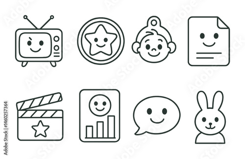 Line style icons of kids’ cartoons: TV show icon, animation badge, cartoon character tag, fun episode file, animated film board, family show chart, entertainment bubble, animated symbol.