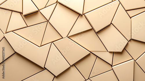 Abstract geometric shapes create a pattern of polygonal panels with golden beige metallic surface texture.