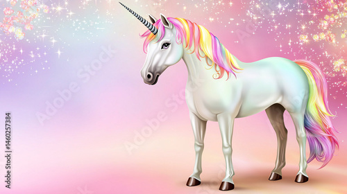 A beautiful unicorn with rainbow mane stands elegantly against a magical shimme pastel background.