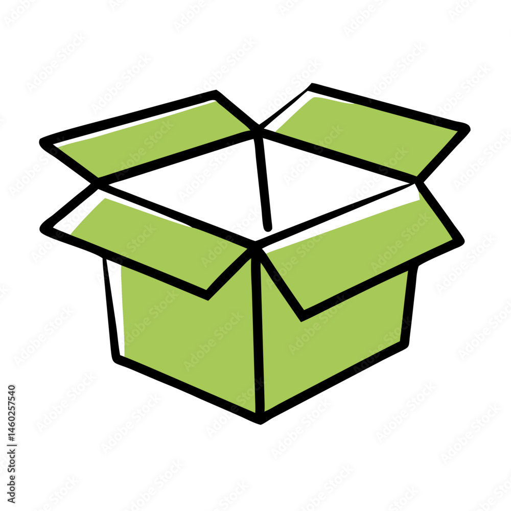 Open cardboard box icon for ecommerce, shipping, and storage solutions with a minimalist green design