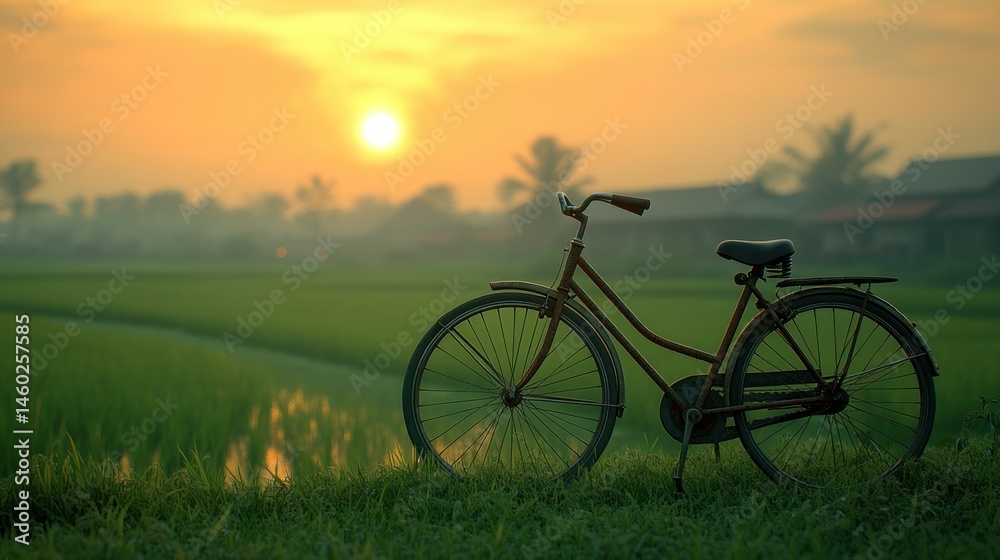 Rusty bike beside a paddy field at sunrise Rusty bike beside a paddy field at sunrise