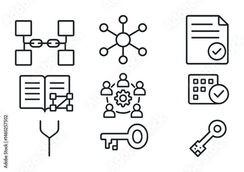 Line style icons of blockchain: chain blocks, decentralized node, smart contract, blockchain ledger, consensus icon, block validation, fork symbol, hashing key.