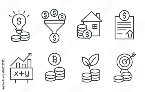 Line style icons of investments: venture capital, investment funnel, real estate assets, dividend payout, stock ticker icon, crypto investment, sustainable investing leaf, investment goal icon.