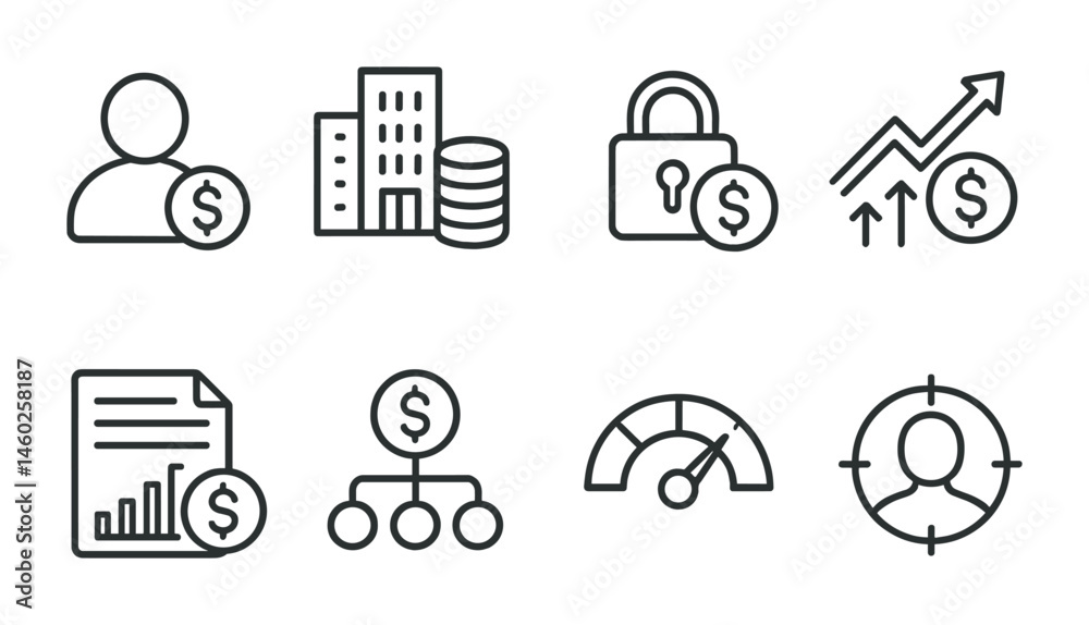Fototapeta premium Line style icons of investments: private investor profile, hedge fund icon, secure investment lock, inflation-adjusted icon, investment document, funding flowchart, volatility meter, investor focus