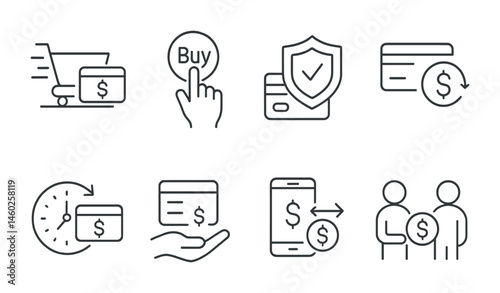 Line style icons of transactions: express checkout transaction, one-click purchase transaction, secure checkout badge, instant refund transaction, 24-hour payment settlement, payment on delivery,