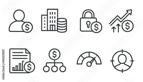 Line style icons of investments: private investor profile, hedge fund icon, secure investment lock, inflation-adjusted icon, investment document, funding flowchart, volatility meter, investor focus