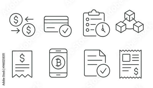 Line style icons of transactions: money transfer, payment confirmation, transaction history, blockchain transaction, bank transaction slip, crypto payment, transaction approval, digital receipt.
