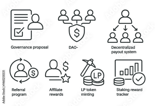 Line style icons of DeFi: governance proposal system, DAO multi-signature wallet, decentralized payout system, DeFi referral program, DeFi affiliate rewards, DeFi LP mining program, LP token minting,