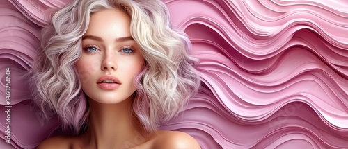 Woman with wavy, light-pink and blonde bob haircut against a pink wavy background