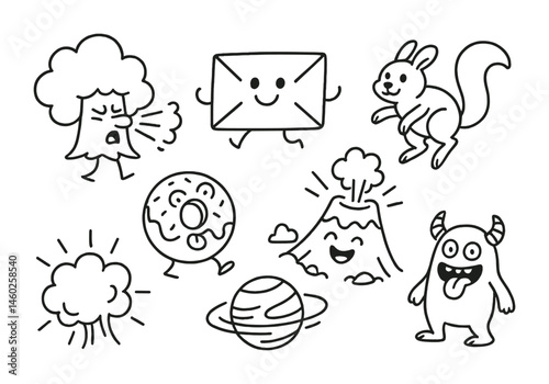 Line style icons of cartoons: sneezing tree, cartoon letter, hopping squirrel, spinning planet, smiling volcano, comic blast cloud, cartoon donut, silly monster.