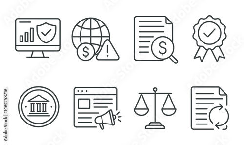 Line style icons of exchanges: compliance monitoring tool, anti-money laundering alert, suspicious transaction report, compliance audit badge, financial license seal, regulatory news feed, legal