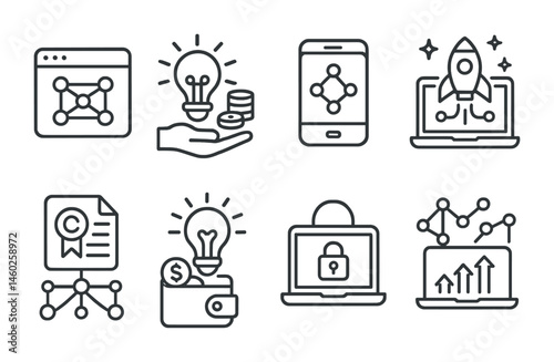 Line style icons of Web3 apps: Web3 open innovation platform, decentralized idea crowdfunding, Web3 incubator app, blockchain startup platform, Web3 patent registry, open-source development fund,