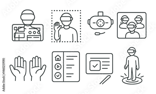 Line style icons of VR: VR dashboard, VR space boundary, headset calibration, VR social room, avatar hands, VR menu icons, VR laser pointer, teleportation ring.