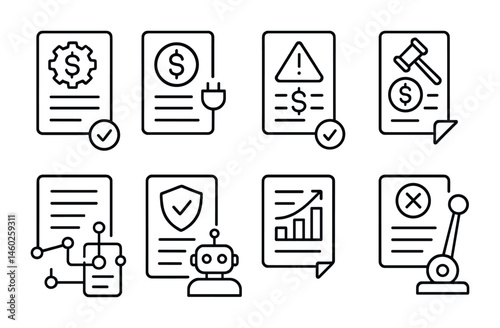 Line style icons of smart contracts: automated liquidation smart contract, liquidation trigger tool, margin call smart contract, collateral auction icon, DeFi protocol liquidation bot, risk