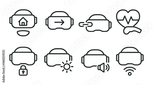 Line style icons of VR: VR home button, VR logout icon, headset disconnection, VR health warning, VR parental control, VR brightness adjust, VR sound settings, VR network connection.